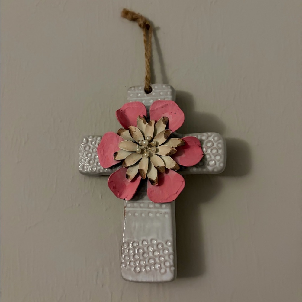 Pink and Cream Floral Cross Wall Accent